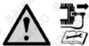 Warning symbol and accompanying icons including a warning triangle, electrical circuit diagram, and open book