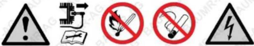 Warning symbols including warning triangle, circuit symbol, no-smoking sign, and lightning bolt