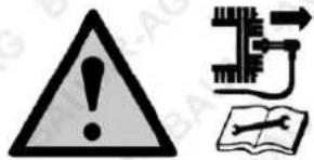 Warning symbol and icon set with exclamation mark, circuit diagram, and open book