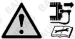 Warning symbol and warning icon with exclamation mark, gear mechanism, and open book