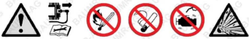 Six safety symbols including warning, circuit, smoke, fire, and explosion signs with corresponding icons.