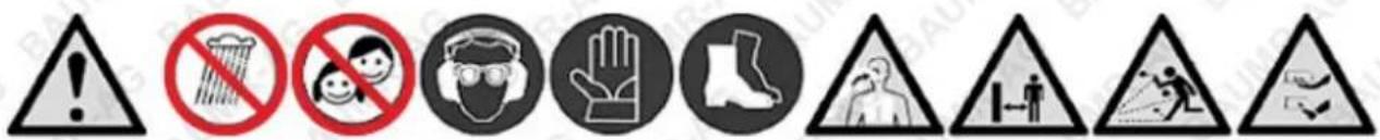 Warning symbols and pictograms for occupational hazards, including no litter, hand protection, and safety measures