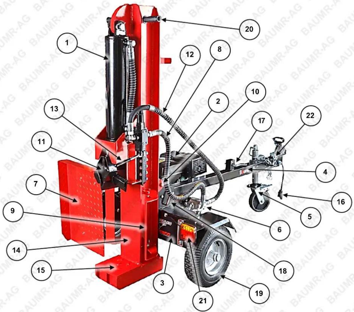 Technical diagram of a red industrial machine with numbered components for identification and assembly reference.
