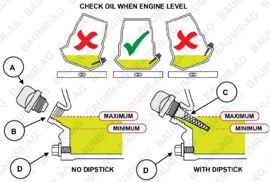 CHECK OIL WHEN ENGINE LEVEL A B D NO DIPSTICK MAXIMUM MINIMUM C MAXIMUM MINIMUM D WITH DIPSTICK