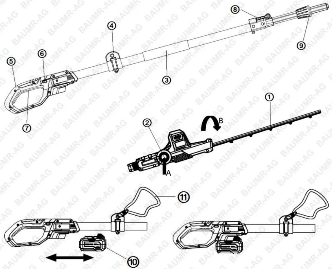 Technical diagram of a firearm with numbered parts and assembly instructions, including labeled parts A through 11.