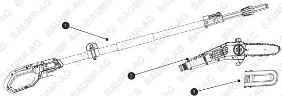 Technical diagram of a mechanical tool with labeled parts, including a chain and bracket assembly.