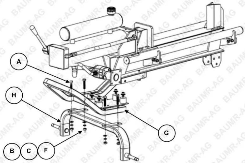 Technical diagram of a mechanical device with labeled components A through H, showing assembly lines and parts.