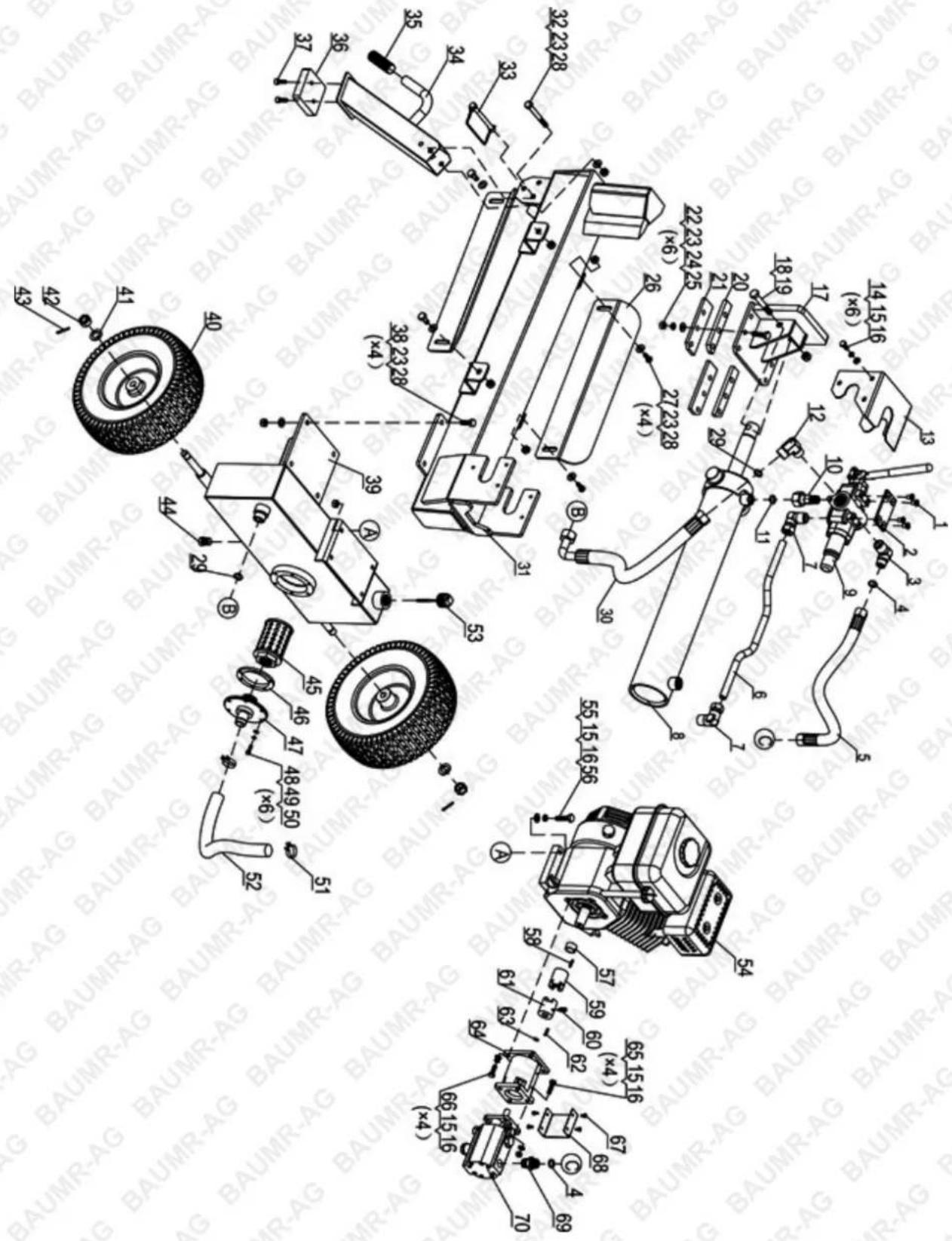 Technical diagram of automotive engine components with numbered parts and assembly annotations