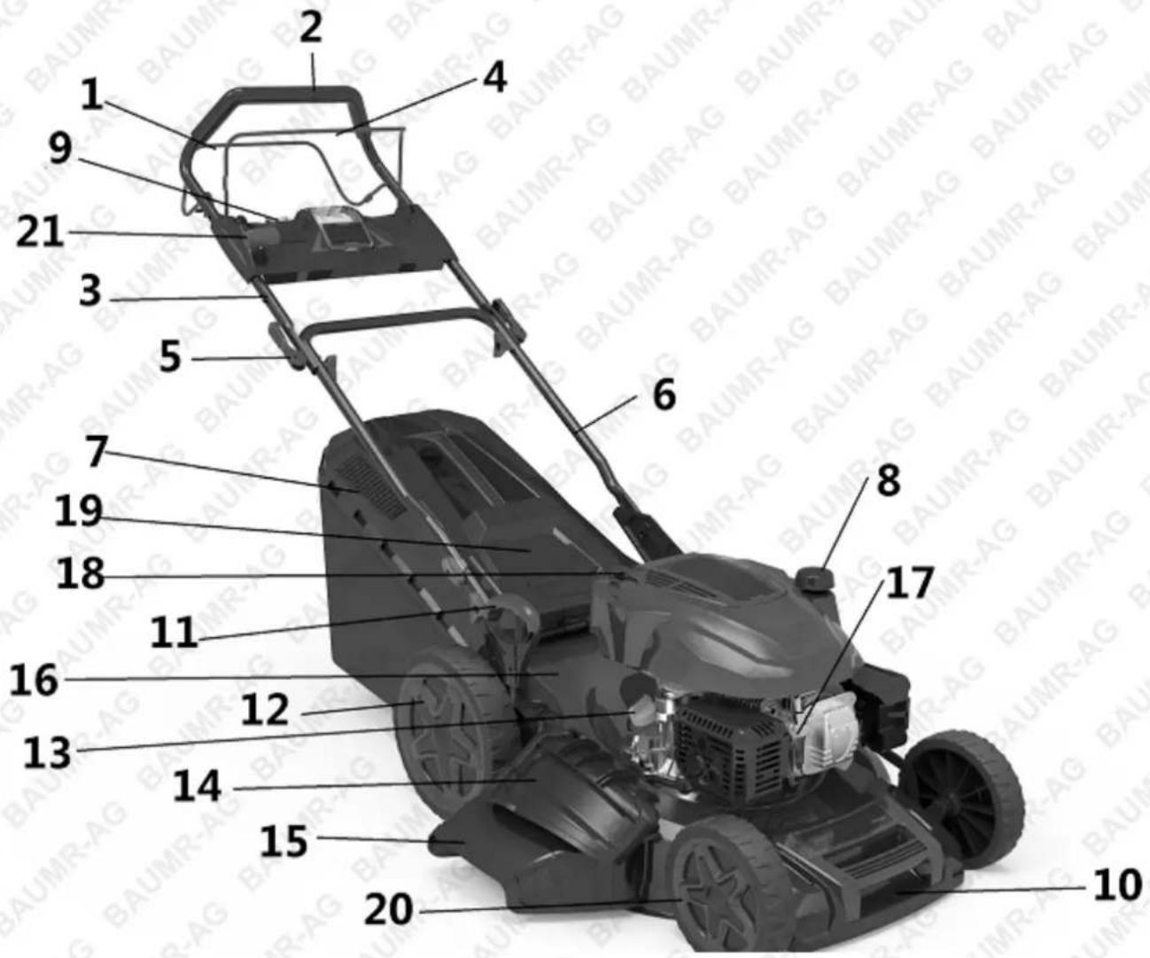 Labeled diagram of a lawn mower with numbered parts for identification