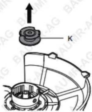 Technical diagram showing mechanical assembly with labeled component 'K' and directional arrow