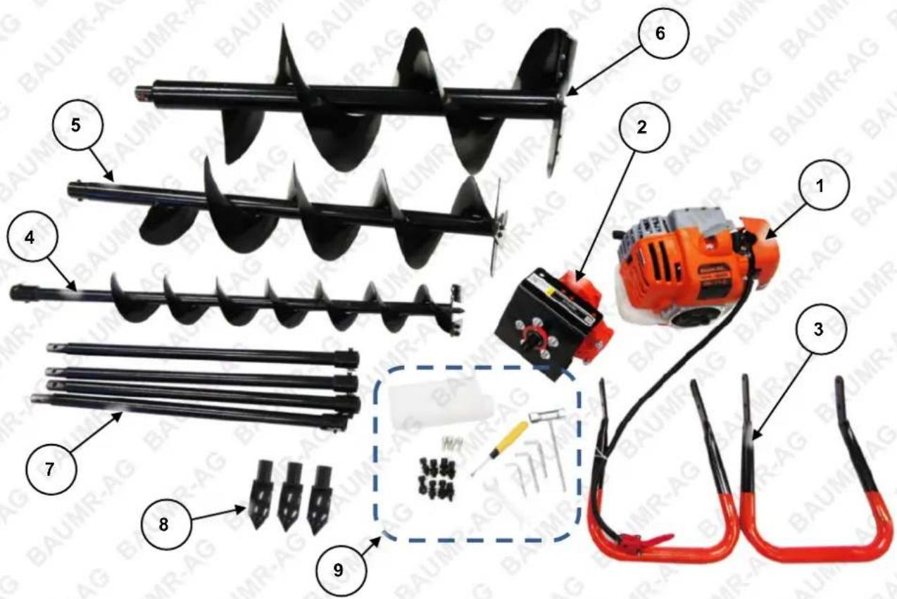 Labeled diagram of industrial drilling and maintenance equipment including drill bit, drill screw, drill rod, and hydraulic pump components