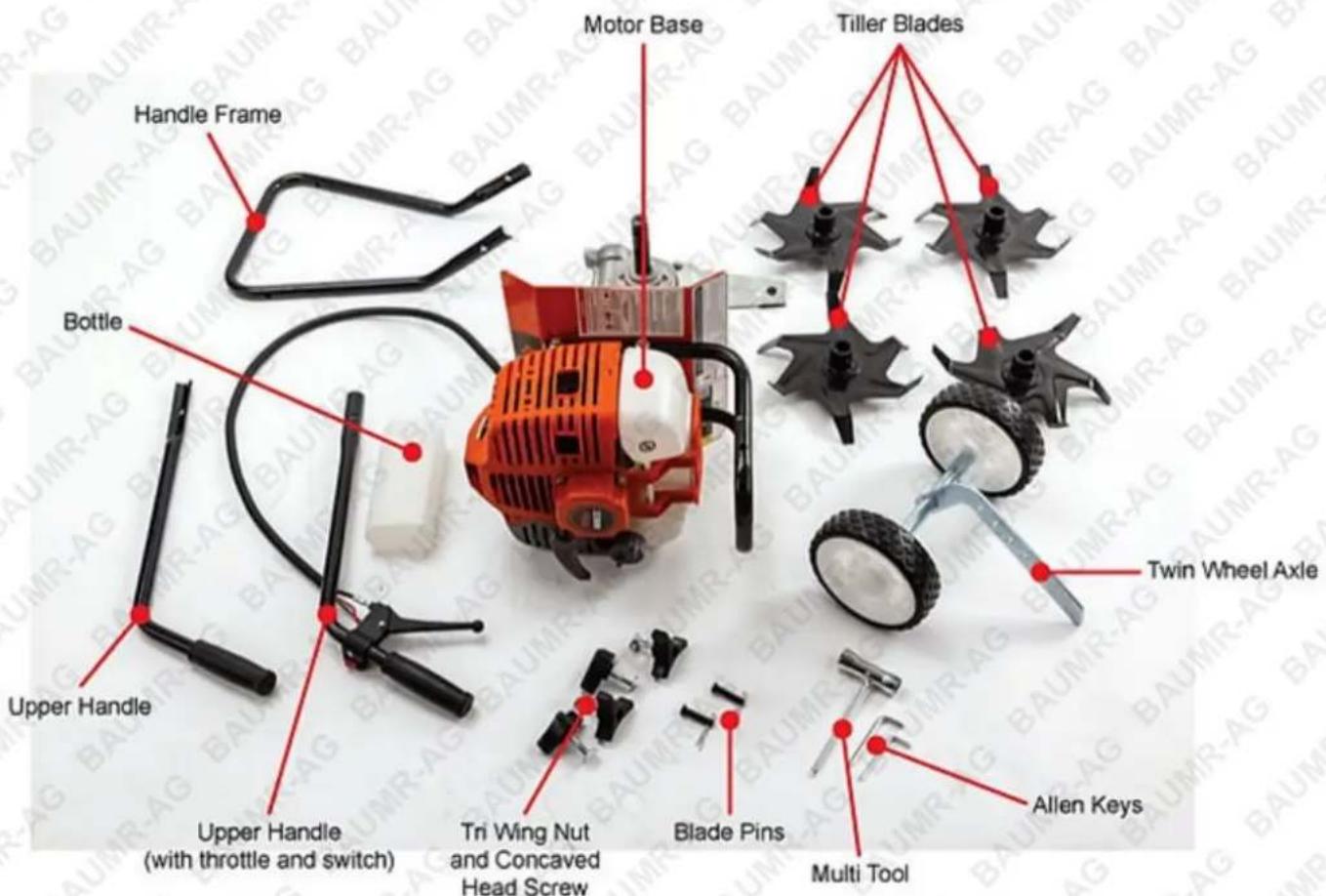 Motor Base Tiller Blades Handle Frame Bottle Upper Handle Upper Handle (with throttle and switch) Tri Wing Nut and Concaved Head Screw Blade Pins Multi Tool Twin Wheel Axle Allen Keys