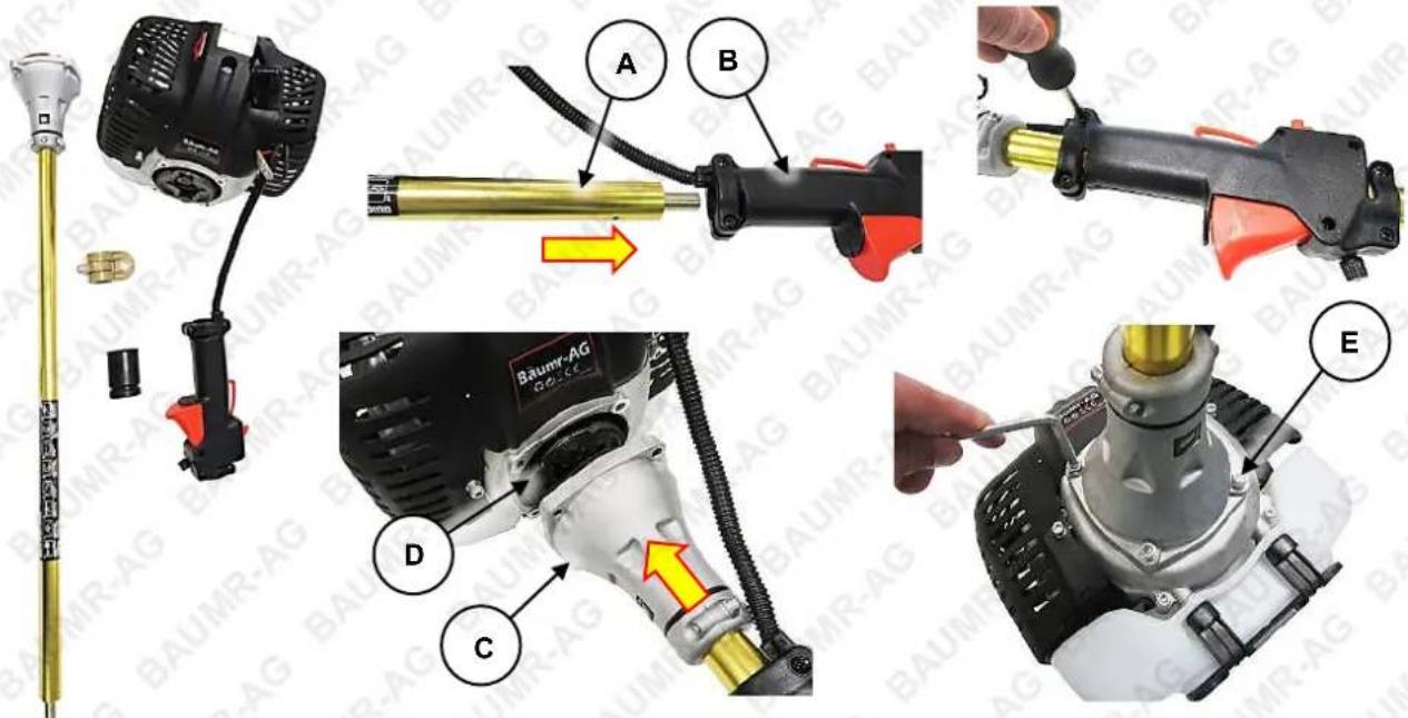 Technical diagram showing exploded view of a BAUMR-AG power tool assembly with labeled parts A through E