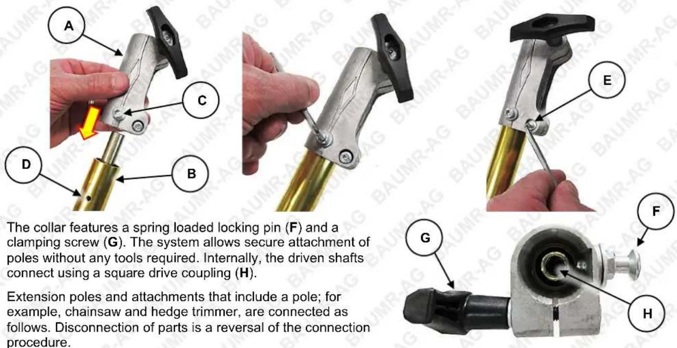 The collar features a spring loaded locking pin (F) and a clamping screw (G). The system allows secure attachment of poles without any tools required. Internally, the driven shafts connect using a square drive coupling (H). Extension poles and attachments that include a pole; for example, chainsaw and hedge trimmer, are connected as follows. Disconnection of parts is a reversal of the connection procedure.