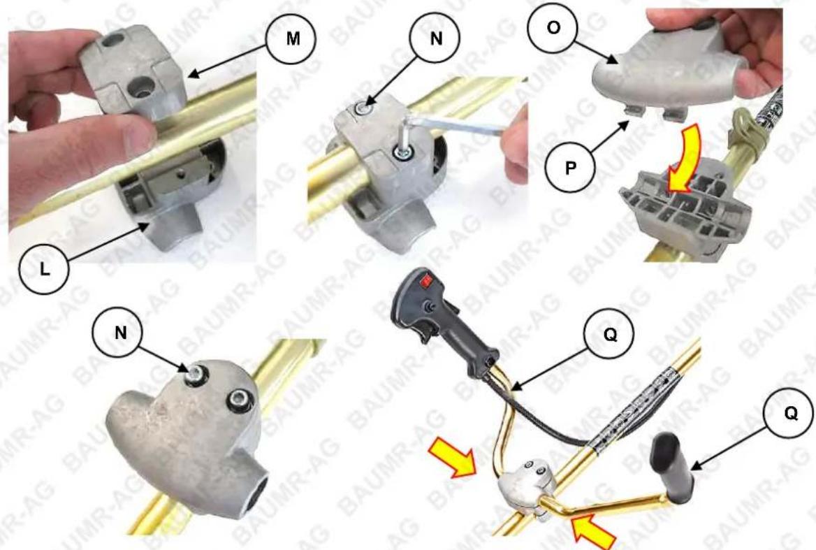 Technical diagram showing mechanical assembly steps with labeled parts (M, N, O, P, Q) and directional arrows indicating movement or assembly.