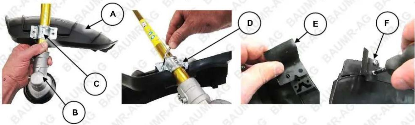 Technical diagram showing a hand operating a brake caliper with labeled parts A through F