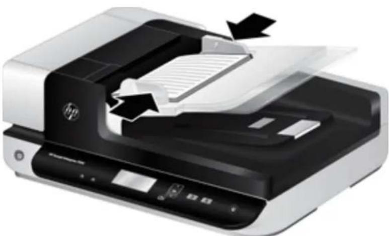 HP scanner with paper feed being inserted, showing paper sheet and printer (no text or symbols visible)