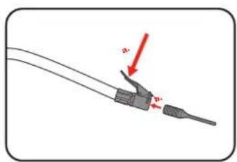Diagram showing a cable with labeled connectors and directional arrows, likely illustrating a physical or electrical setup.