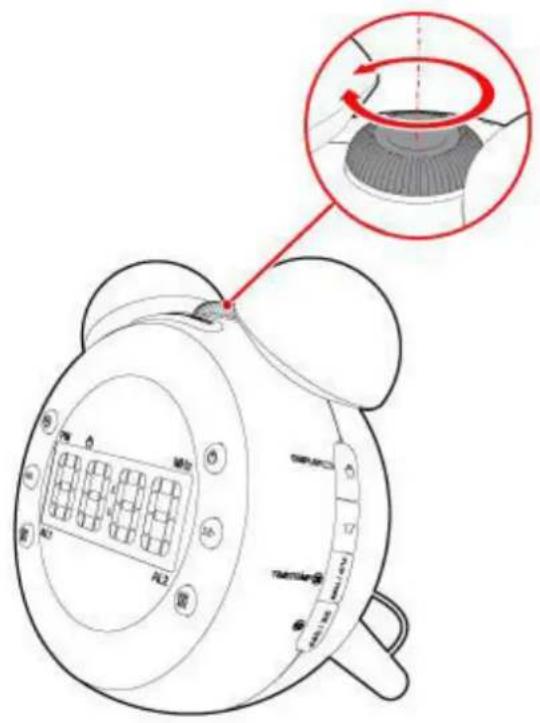 Diagram of a device with labeled buttons and a magnified inset showing a circular component with red annotation.