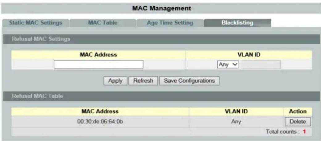 MAC Management Static MAC Settings MAC Table Age Time Setting Blacklisting Refusal MAC Settings MAC Address VLAN ID Any Apply Refresh Save Configurations Refusal MAC Table MAC Address VLAN ID Action 00:30:de:06:64:0b Any Delete Total counts : 1