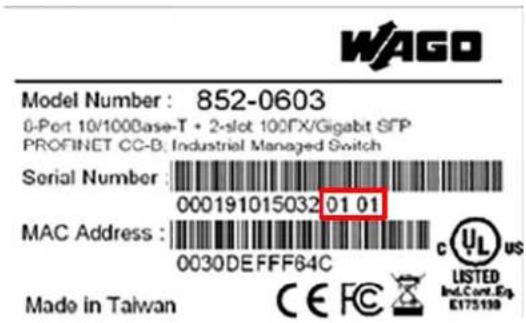 WAGO Model Number : 852-0603 0-Port 10/1000ase-T + 2-slot 100FX/Gigabit SFP PROFINET CC-B: Industrial Managed Switch Serial Number : 000191015032 01 01 MAC Address : 0030DEFFF64C Made in Taiwan CE FC LISTED Ind.Cord.Eq. E175199