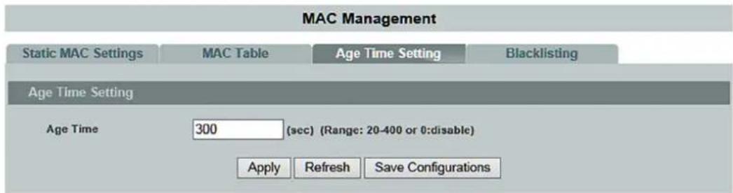 MAC Management Static MAC Settings MAC Table Age Time Setting Blacklisting Age Time Setting Age Time 300 (sec) (Range: 20-400 or 0:disable) Apply Refresh Save Configurations