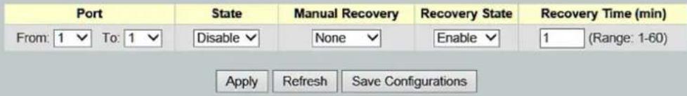 Port State Manual Recovery Recovery State Recovery Time (min) From: 1 ▼ To: 1 ▼ Disable ▼ None ▼ Enable ▼ 1 (Range: 1-60) Apply Refresh Save Configurations