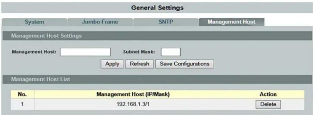 General Settings System Jumbo Frame SNTP Management Host Management Host Settings Management Host: Subnet Mask: Apply Refresh Save Configurations Management Host List No. Management Host (IP/Mask) Action 1 192.168.1.3/1 Delete