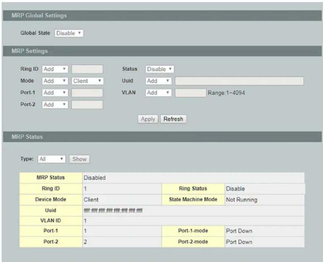 MRP Global Settings Global State Disable MRP Settings Ring ID Add Status Disable Mode Add Client Uuid Add Port-1 Add VLAN Add Range: 1~4094 Port-2 Add Apply Refresh Apply Refresh MRP Status Type: All Show MRP Status Disabled Ring ID 1 Ring Status Disable Device Mode Client State Machine Mode Not Running Uuid FTT. FTT. FTT. FTT. FTT. FTT. FTT. VLAN ID 1 Port-1 1 Port-1-mode Port Down Port-2 2 Port-2-mode Port Down