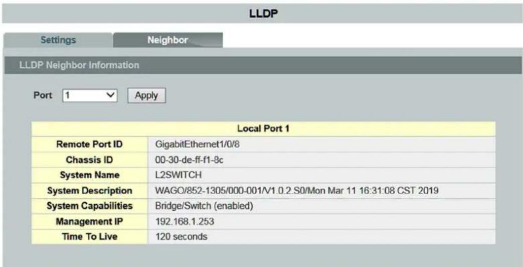 LLDP Settings Neighbor LLDP Neighbor Information Port 1 Apply Local Port 1 Remote Port ID GigabitEthernet1/0/8 Chassis ID 00-30-de-ff-f1-8c System Name L2SWITCH System Description WAGO/852-1305/000-001/V1.0.2.S0/Mon Mar 11 16:31:08 CST 2019 System Capabilities Bridge/Switch (enabled) Management IP 192.168.1.253 Time To Live 120 seconds