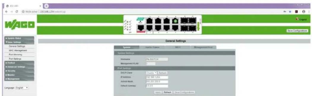 WAGO General Settings System Junction Format M312 Management/Officer System Settings Maintenance PDL 0017101 Management VLAN: Port Settings DCPC Class Drums + Refund IP Address 02 No. 1254 Subnet Port 288 265 298.6 Default Gateway 8.00 Auto... Refund Show Configuration