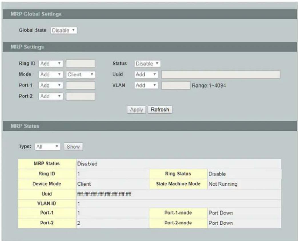 MRP Global Settings Global State Disable MRP Settings Ring ID Add Status Disable Mode Add Client Uuid Add Port-1 Add VLAN Add Range:1~4094 Port-2 Add Apply Refresh Apply Refresh MRP Status Type: All Show MRP Status Disabled Ring ID 1 Ring Status Disable Device Mode Client State Machine Mode Not Running Uuid ffff, ffff, ffff, ffff, ffff, ffff, ffff VLAN ID 1 Port-1 1 Port-1-mode Port Down Port-2 2 Port-2-mode Port Down