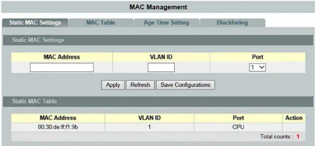 MAC Management Static MAC Settings MAC Table Age Time Setting Blacklisting Static MAC Settings MAC Address VLAN ID Port 1 Apply Refresh Save Configurations Static MAC Table MAC Address VLAN ID Port Action 00:30:de:ff:f1:9b 1 CPU Total counts : 1