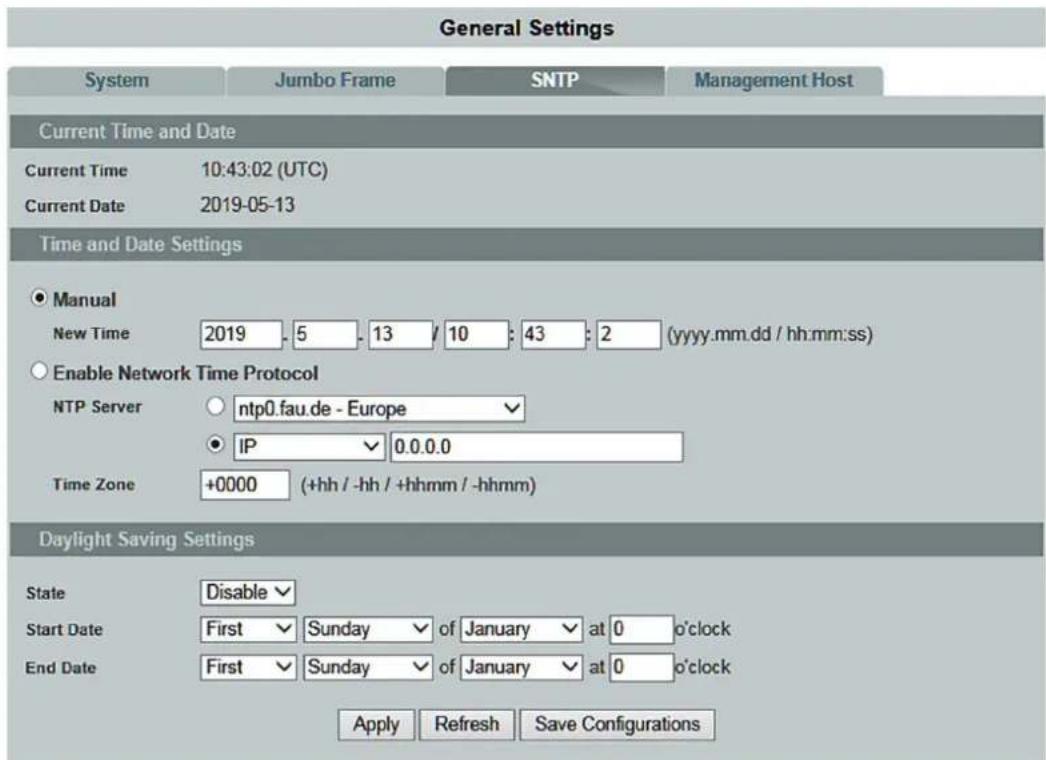 General Settings System Jumbo Frame SNTP Management Host Current Time and Date Current Time 10:43:02 (UTC) Current Date 2019-05-13 Time and Date Settings ● Manual New Time 2019 5 13 10 43 2 (yyyy.mm.dd / hh:mm:ss) ○ Enable Network Time Protocol NTP Server ○ ntp0.fau.de - Europe ● IP ✓ 0.0.0.0 Time Zone +0000 (+hh / -hh / +hhmm / -hhmm) Daylight Saving Settings State Disable Start Date First ✓ Sunday ✓ af January ✓ at 0 o'clock End Date First ✓ Sunday ✓ af January ✓ at 0 o'clock Apply Refresh Save Configurations