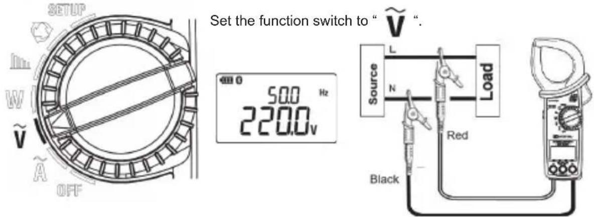 SETUP W Ṽ A OFF Set the function switch to " Ṽ ". 50.0 Hz 220.0v Source L N Load Red Black
