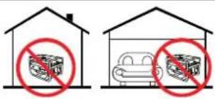 Diagram showing two scenarios of a vehicle in a garage with no parking, indicated by red prohibition symbols.