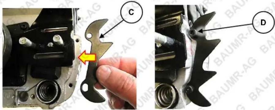 Technical diagram showing mechanical assembly steps labeled C and D, with a hand adjusting a component.