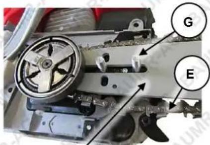 Labeled mechanical assembly diagram showing components G and E with directional arrows indicating movement or flow