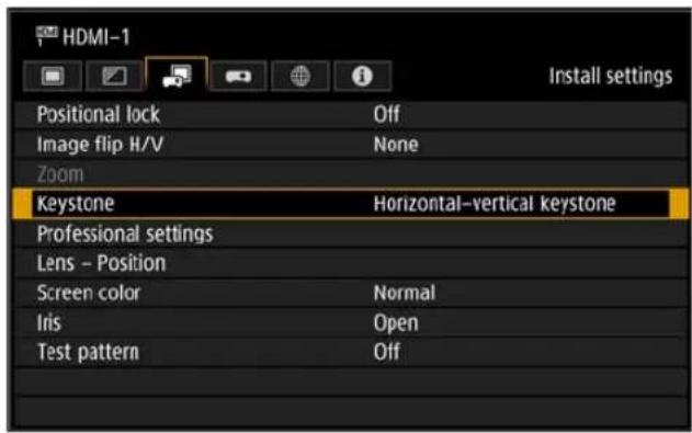 HDMI-1 Install settings Positional lock Off Image flip H/V None Zoom Keystone Horizontal–vertical keystone Professional settings Lens - Position Screen color Normal Iris Open Test pattern Off
