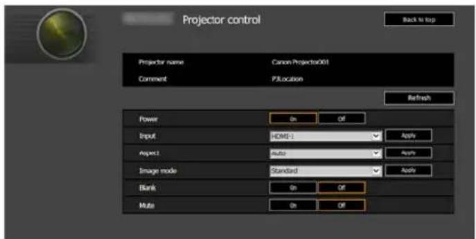 Projector control Back to top Projector name Canon Projector001 Comment P/Location Refresh Power On Off Input HDMI-1 Apply Aspect Auto Apply Image mode Standard Apply Blank On Off Multi On Off