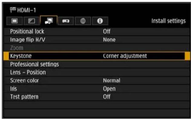 HDMI-1 Install settings Positional lock Off Image flip H/V None Zoom Keystone Corner adjustment Professional settings Lens - Position Screen color Normal Iris Open Test pattern Off