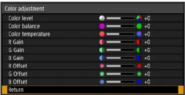 Color adjustment Color level Color balance Color temperature R Gain G Gain B Gain R Offset G Offset B Offset Return