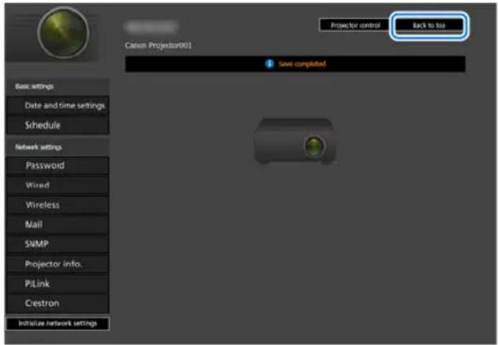 Canon Projector001 Basic settings Date and time settings Schedule Network settings Password Wired Wireless Mail SNMP Projector info. P/Link Crestron Initiate network settings Projector control Back to Top Save completed