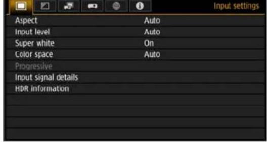 Aspect Input level Super white Color space Progressive Input signal details HDR information Auto Auto On Auto