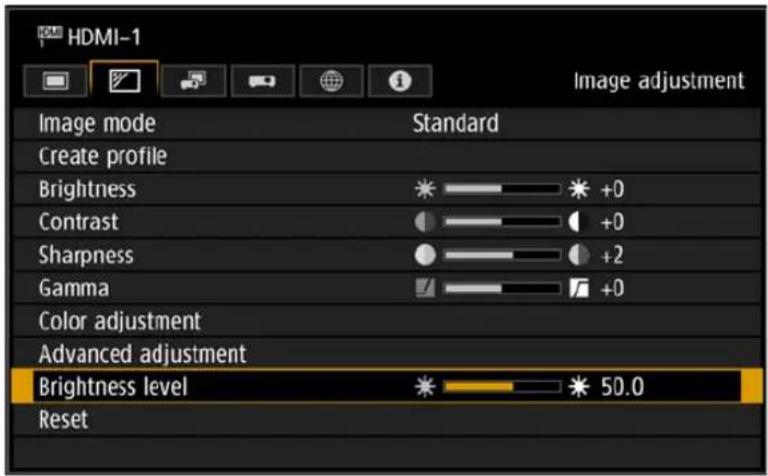 HDMI-1 Image adjustment Image mode Standard Create profile Brightness * +0 Contrast +0 Sharpness +2 Gamma +0 Color adjustment Advanced adjustment Brightness level * 50.0 Reset
