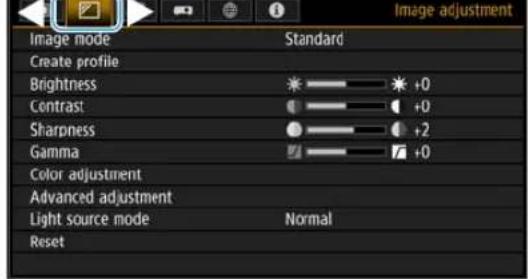 Image adjustment Image mode Standard Create profile Brightness +0 Contrast +0 Sharpness +2 Gamma +0 Color adjustment Advanced adjustment Light source mode Normal Reset