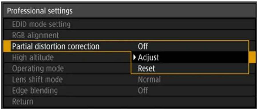 Professional settings EDID mode setting RGB alignment Partial distortion correction Off High altitude ►Adjust Operating mode Reset Lens shift mode Normal Edge blending Off Return