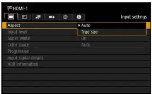 HDMI-1 Input settings Aspect ▶ Auto Input level True size Super white On Color space Auto Progressive Input signal details HDR information