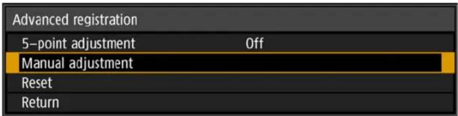 Advanced registration 5-point adjustment Off Manual adjustment Reset Return