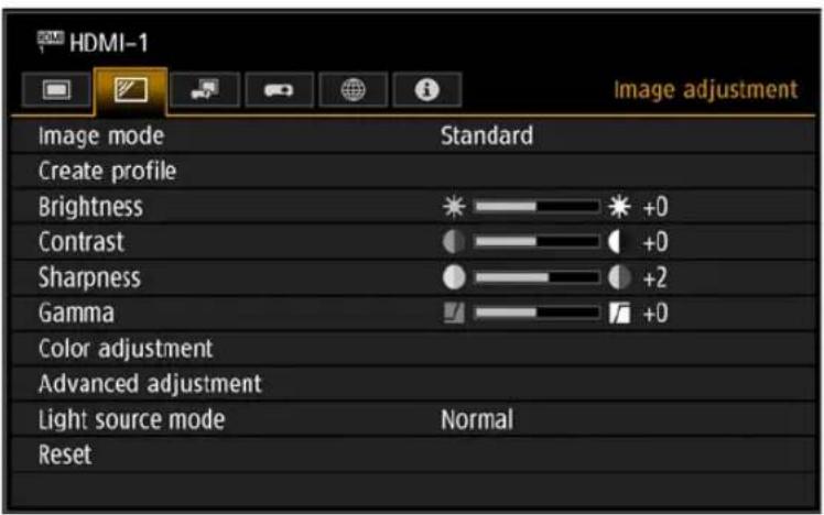 HDMI-1 Image adjustment Image mode Standard Create profile Brightness +0 Contrast +0 Sharpness +2 Gamma +0 Color adjustment Advanced adjustment Light source mode Normal Reset